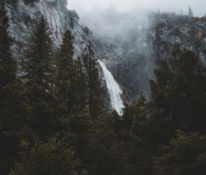 Preview wallpaper waterfall, rocks, trees, fog, landscape