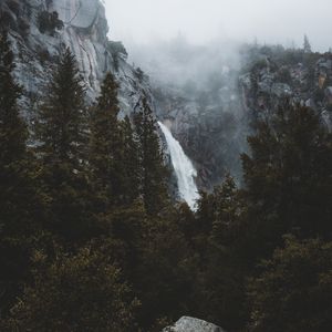 Preview wallpaper waterfall, rocks, trees, fog, landscape