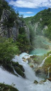 Preview wallpaper waterfall, rocks, trees, cliff, landscape