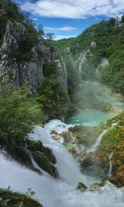 Preview wallpaper waterfall, rocks, trees, cliff, landscape