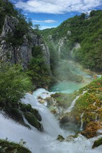 Preview wallpaper waterfall, rocks, trees, cliff, landscape