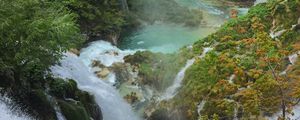 Preview wallpaper waterfall, rocks, trees, cliff, landscape