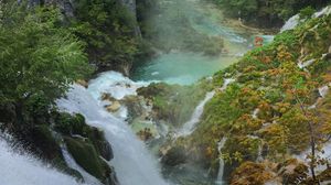 Preview wallpaper waterfall, rocks, trees, cliff, landscape