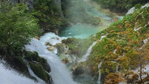 Preview wallpaper waterfall, rocks, trees, cliff, landscape