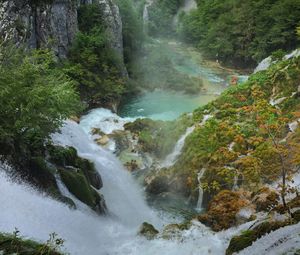 Preview wallpaper waterfall, rocks, trees, cliff, landscape