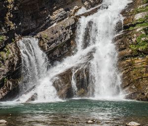 Preview wallpaper waterfall, rocks, water, spray, stones