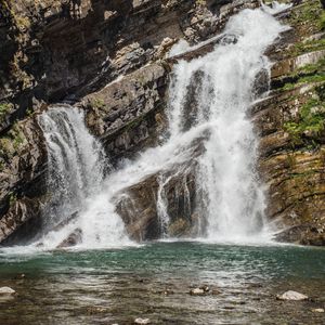 Preview wallpaper waterfall, rocks, water, spray, stones