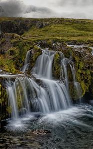 Preview wallpaper waterfall, rocks, water, stream, sky