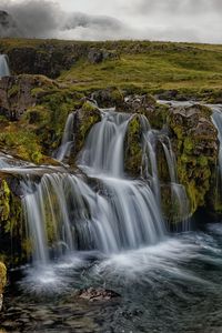 Preview wallpaper waterfall, rocks, water, stream, sky