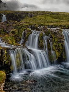 Preview wallpaper waterfall, rocks, water, stream, sky