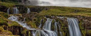 Preview wallpaper waterfall, rocks, water, stream, sky