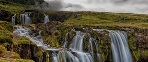 Preview wallpaper waterfall, rocks, water, stream, sky