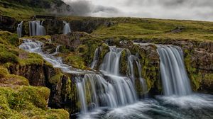 Preview wallpaper waterfall, rocks, water, stream, sky