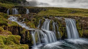 Preview wallpaper waterfall, rocks, water, stream, sky