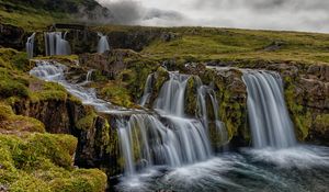 Preview wallpaper waterfall, rocks, water, stream, sky