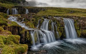 Preview wallpaper waterfall, rocks, water, stream, sky