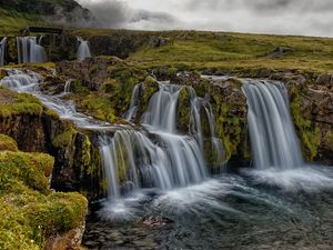 Preview wallpaper waterfall, rocks, water, stream, sky