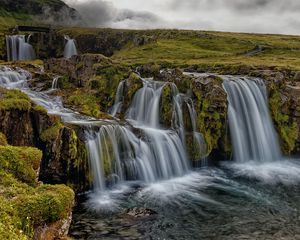 Preview wallpaper waterfall, rocks, water, stream, sky
