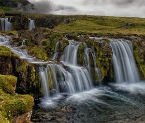 Preview wallpaper waterfall, rocks, water, stream, sky