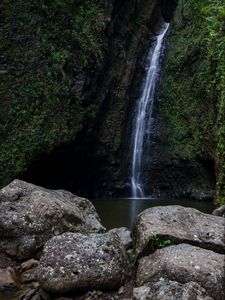 Preview wallpaper waterfall, rocks, water, stream, stone