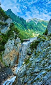 Preview wallpaper waterfall, rocks, water, relief, trees, mountains