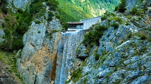 Preview wallpaper waterfall, rocks, water, relief, trees, mountains