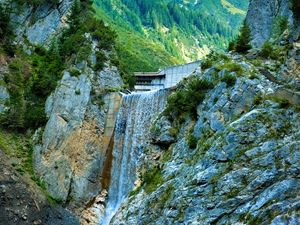 Preview wallpaper waterfall, rocks, water, relief, trees, mountains