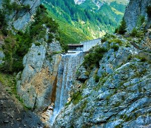 Preview wallpaper waterfall, rocks, water, relief, trees, mountains