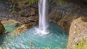 Preview wallpaper waterfall, rocks, water, grass, landscape