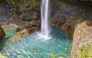 Preview wallpaper waterfall, rocks, water, grass, landscape