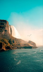 Preview wallpaper waterfall, sea, rocks, birds, coast