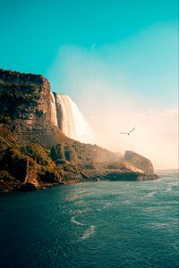Preview wallpaper waterfall, sea, rocks, birds, coast