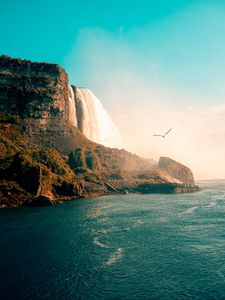 Preview wallpaper waterfall, sea, rocks, birds, coast