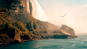 Preview wallpaper waterfall, sea, rocks, birds, coast