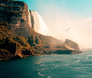 Preview wallpaper waterfall, sea, rocks, birds, coast