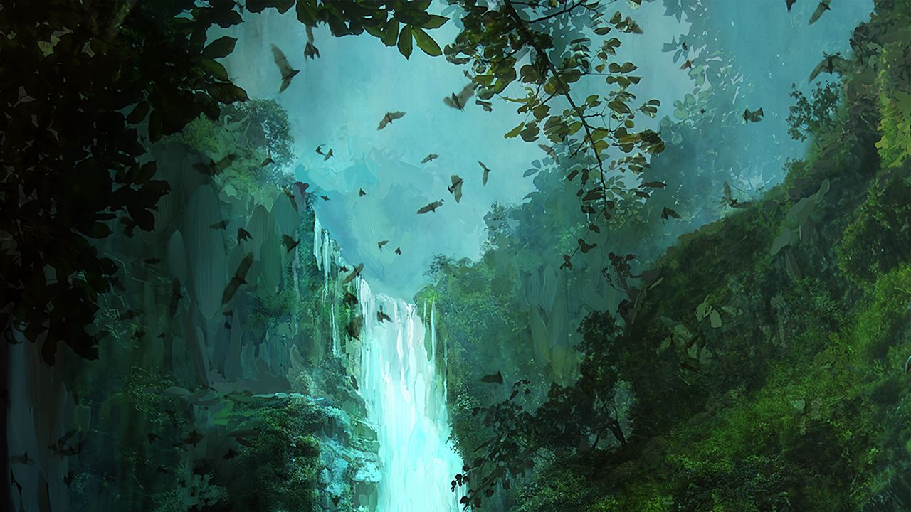 Wallpaper waterfall, ship, bats, art