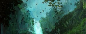 Preview wallpaper waterfall, ship, bats, art