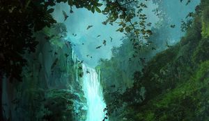 Preview wallpaper waterfall, ship, bats, art