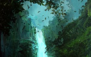 Preview wallpaper waterfall, ship, bats, art