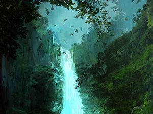 Preview wallpaper waterfall, ship, bats, art