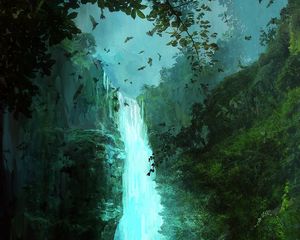Preview wallpaper waterfall, ship, bats, art