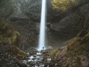 Preview wallpaper waterfall, silhouette, rock, river, water