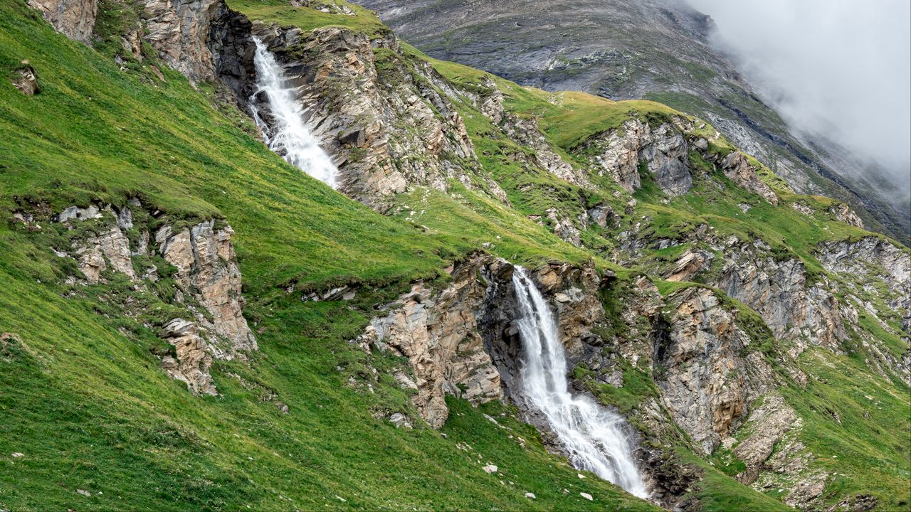 Wallpaper waterfall, slope, rocks, grass, landscape