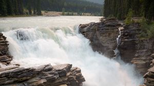 Preview wallpaper waterfall, slope, stream, rocks, trees