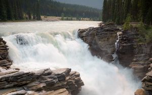 Preview wallpaper waterfall, slope, stream, rocks, trees
