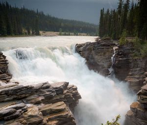 Preview wallpaper waterfall, slope, stream, rocks, trees