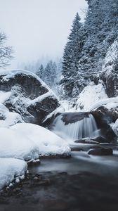 Preview wallpaper waterfall, snow, winter, trees, current