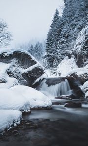 Preview wallpaper waterfall, snow, winter, trees, current