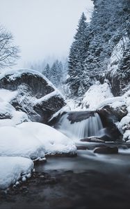 Preview wallpaper waterfall, snow, winter, trees, current