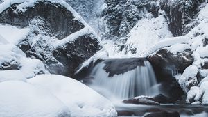 Preview wallpaper waterfall, snow, winter, trees, current